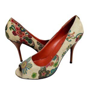 𝅺michael ANTONIO Suede Heels Size 7.5 Fall Floral Colors Peep Toe